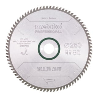 Lame de scie circulaire HW/CT 250 x 30 x 2,8/1,8, nombre de dents 80, affûtage en biseau alterné, angle d'attaque 10° metabo