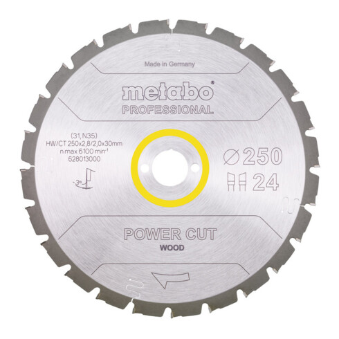 Lame de scie circulaire HW/CT 250 x 30 x 2,8/2,0, nombre de dents 24, affûtage en biseau alterné, angle d'attaque 3° nég. metabo