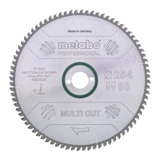 Lame de scie circulaire HW/CT 250 x 30 x 2,8/2,0, nombre de dents 80, denture plate/denture trapézoïdale, angle d'attaque 5° nég. metabo