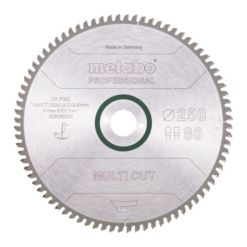 Lame de scie circulaire HW/CT 250 x 30 x 2,8/2,0, nombre de dents 80, denture plate/denture trapézoïdale, angle d'attaque 5° nég. metabo