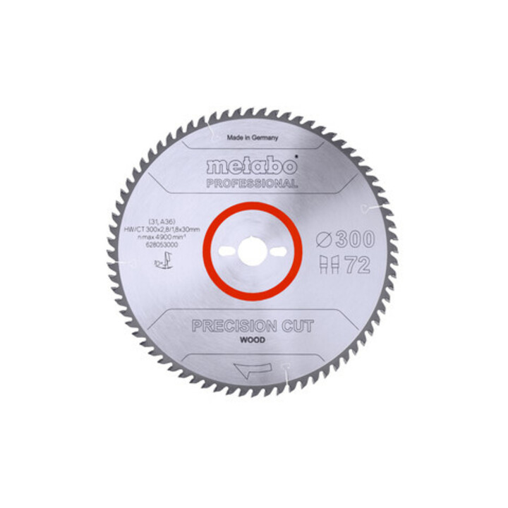Lame de scie circulaire HW/CT 300 x 30 x 2,8/1,8, nombre de dents 72, affûtage en biseau alterné, angle d'attaque 10° metabo
