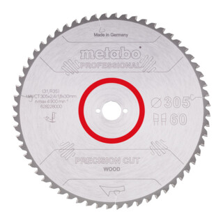 Lame de scie circulaire HW/CT 305 x 30 x 2,4/1,8, nombre de dents 60, affûtage en biseau alterné, angle d'attaque 5° nég. metabo