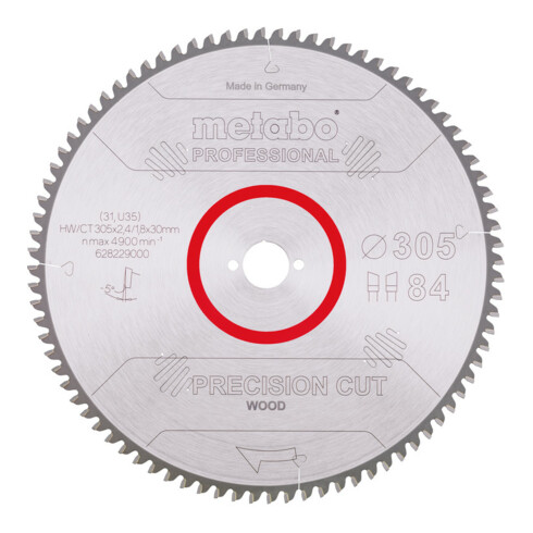 Lame de scie circulaire HW/CT 305 x 30 x 2,4/1,8, nombre de dents 84, affûtage en biseau alterné, angle d'attaque 5° nég. metabo