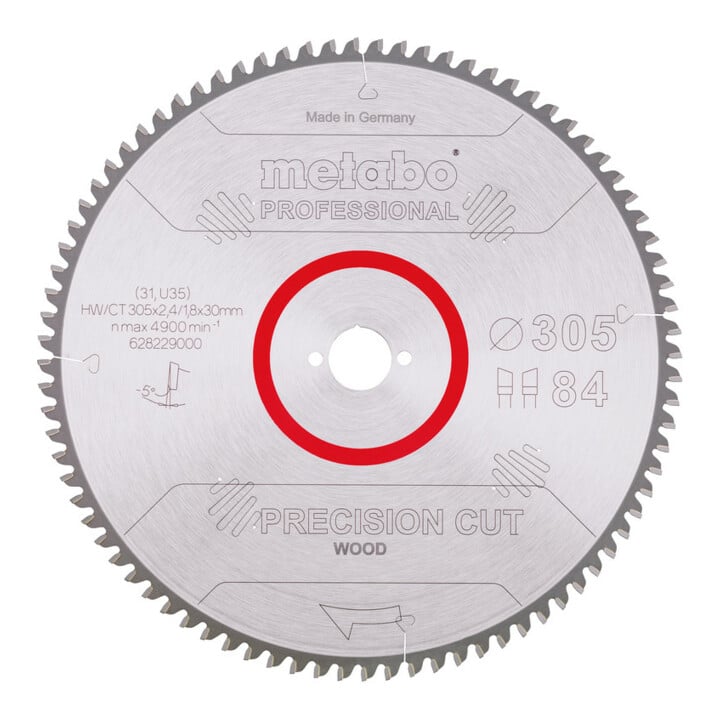 Lame de scie circulaire HW/CT 305 x 30 x 2,4/1,8, nombre de dents 84, affûtage en biseau alterné, angle d'attaque 5° nég. metabo