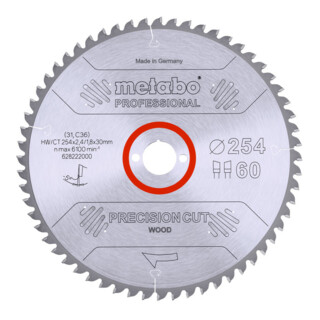 Lame de scie circulaire Metabo HW/CT 254 x 30 x 2,4/1,8, nombre de dents 60, affûtage en biseau alterné