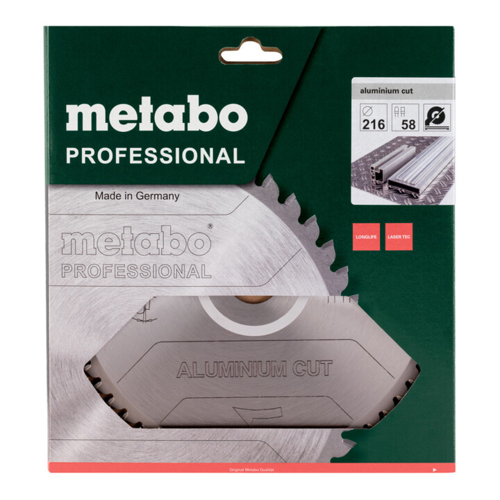 Lame de scie Metabo coupe aluminium professionnelle 216 x 2,2/1, 8 x 30 Z58 FZ/TZ, -5°