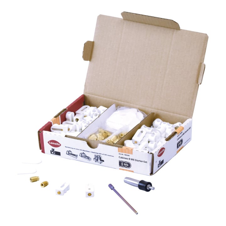 Lamello Cabineo 8 M6 Starterset mit 80 Stk. Cabineo 8 M6 je 40 Stk. Muffen und Abdeckkappen, 1 Stk Bit