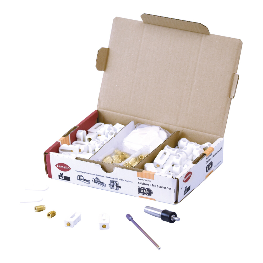 Lamello Cabineo 8 M6 Starterset mit 80 Stk. Cabineo 8 M6 je 40 Stk. Muffen und Abdeckkappen, 1 Stk Bit