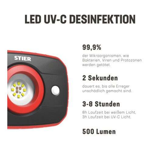 Lampe de désinfection UV STIER, lampe germicide CMS 270 nm, 4 400 mAh
