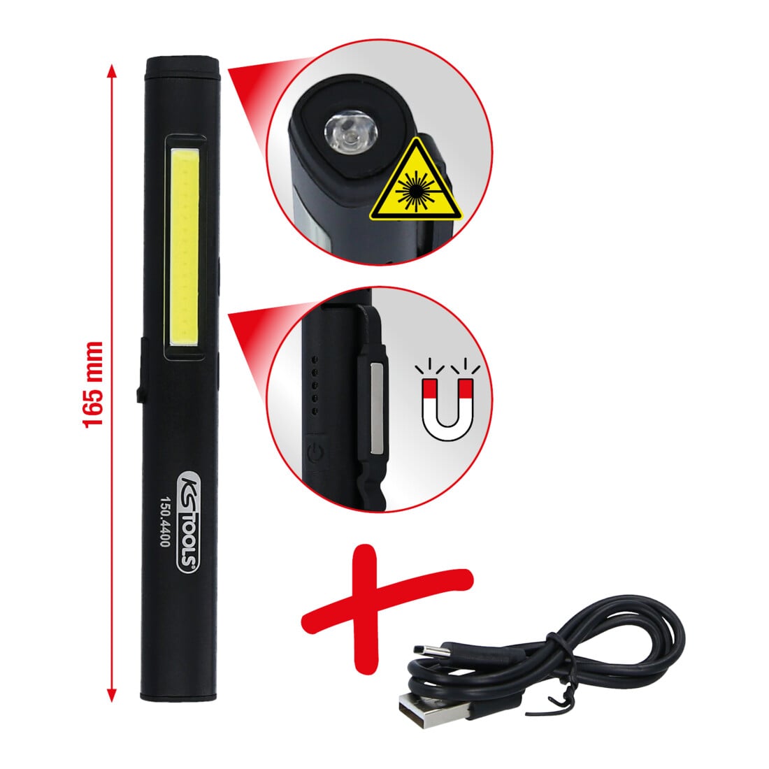 Lampe d’inspection à bande LED KS Tools COB de 350 lumens avec spot UV à LED et pointeur laser
