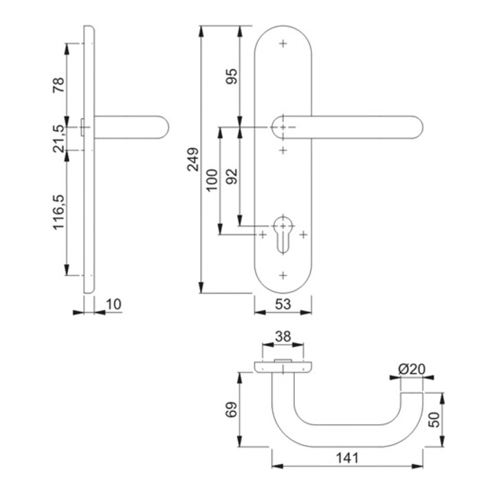 Langschild-Halbgarnitur Paris E138F/3310 VA F69 PZ 92mm DIN L/R HOPPE