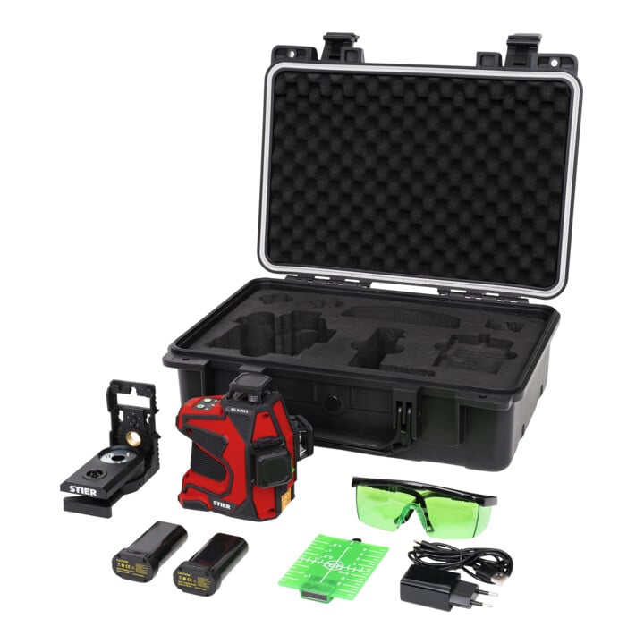 Set STIER Trépied 250 + STIER Laser croix SKL 3x360°, 520nm, vert, filetage 1/4" et 5/8" dans valise