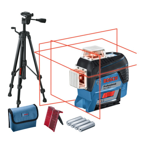 Laser ligne Bosch GLL 3-80 C avec 4 x 1,5 V-LR6 AA1 adaptateur de batterie BT 150 support de construction
