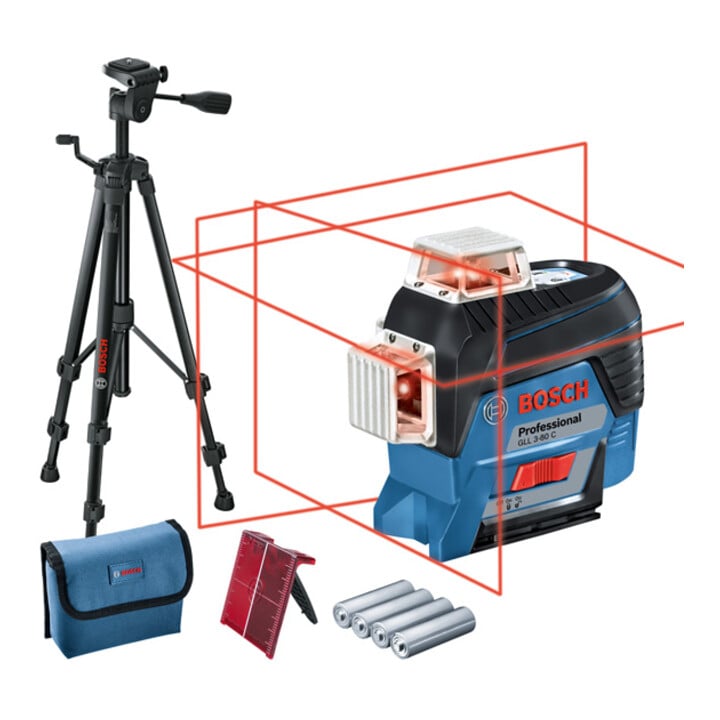 Laser ligne Bosch GLL 3-80 C avec 4 x 1,5 V-LR6 AA1 adaptateur de batterie BT 150 support de construction