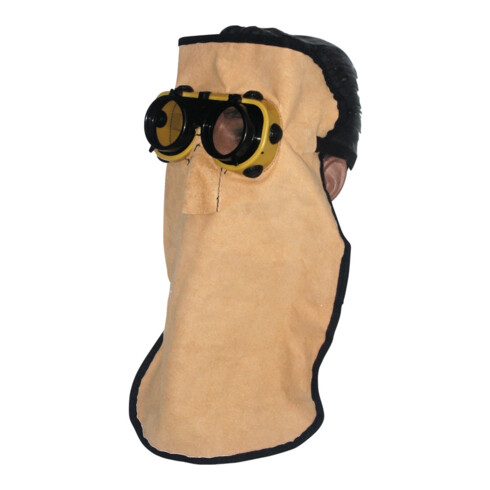 Ledermaske/Brillenmaske lang mit Haube und Nackenschutz, Glas D 50 mm