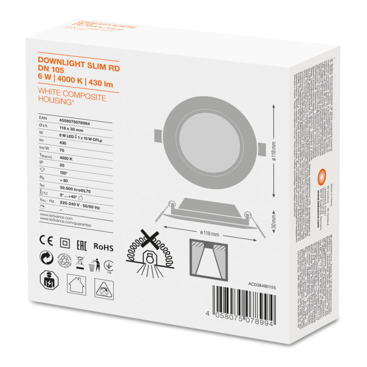 LEDVANCE LED Downlight 4000K IP20 DLSLIMDN1056W/4000K