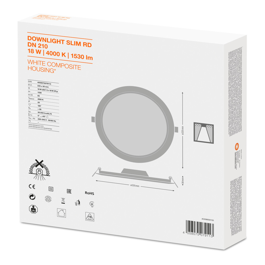 LEDVANCE LED Downlight 4000K IP20 DLSLIMDN21018W/4000K