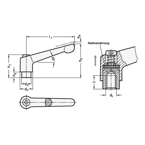 Levier de serrage réglable GN 300 d1 M 12 mm l1 108 mm l2 32 mm filetage ext. GA