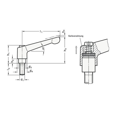 Levier de serrage réglable GN 300 d1 M 12 mm l1 108 mm l2 63 mm filetage ext. GA