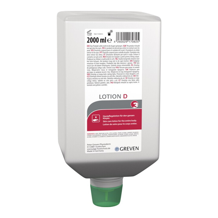 Lotion de soin p. la peau GREVEN® Lotion D sans silicone, parfumée 2 l GREVEN