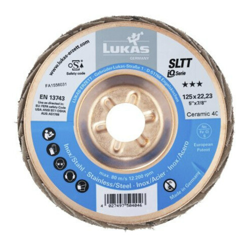 LUKAS Fächerschleifscheibe SLTT (CER), flach-schräg für INOX,Ø 125 mm, Körnung: 40
