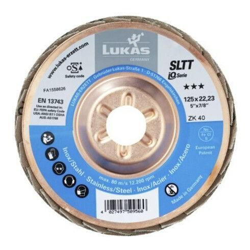 LUKAS Fächerschleifscheibe SLTT (ZA), flach-schräg für Stahl,Ø 125 mm, Körnung: 40