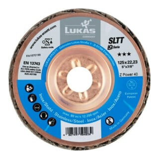 LUKAS Fächerschleifscheibe SLTT (ZA-Power), flach-schräg für Stahl und INOX,Ø 125 mm, Körnung: 40