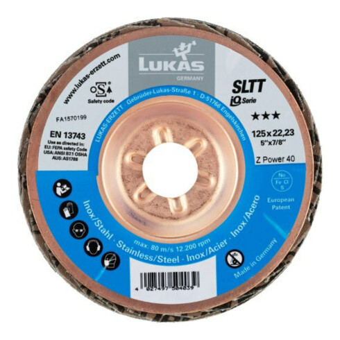 LUKAS Fächerschleifscheibe SLTT (ZA-Power), flach-schräg für Stahl und INOX,Ø 125 mm, Körnung: 40