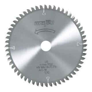 Mafell Sägeblatt-HM, 168 x 1,2/1,8 x 20 mm, Z 56, WZ, für Querschnitte in Holz