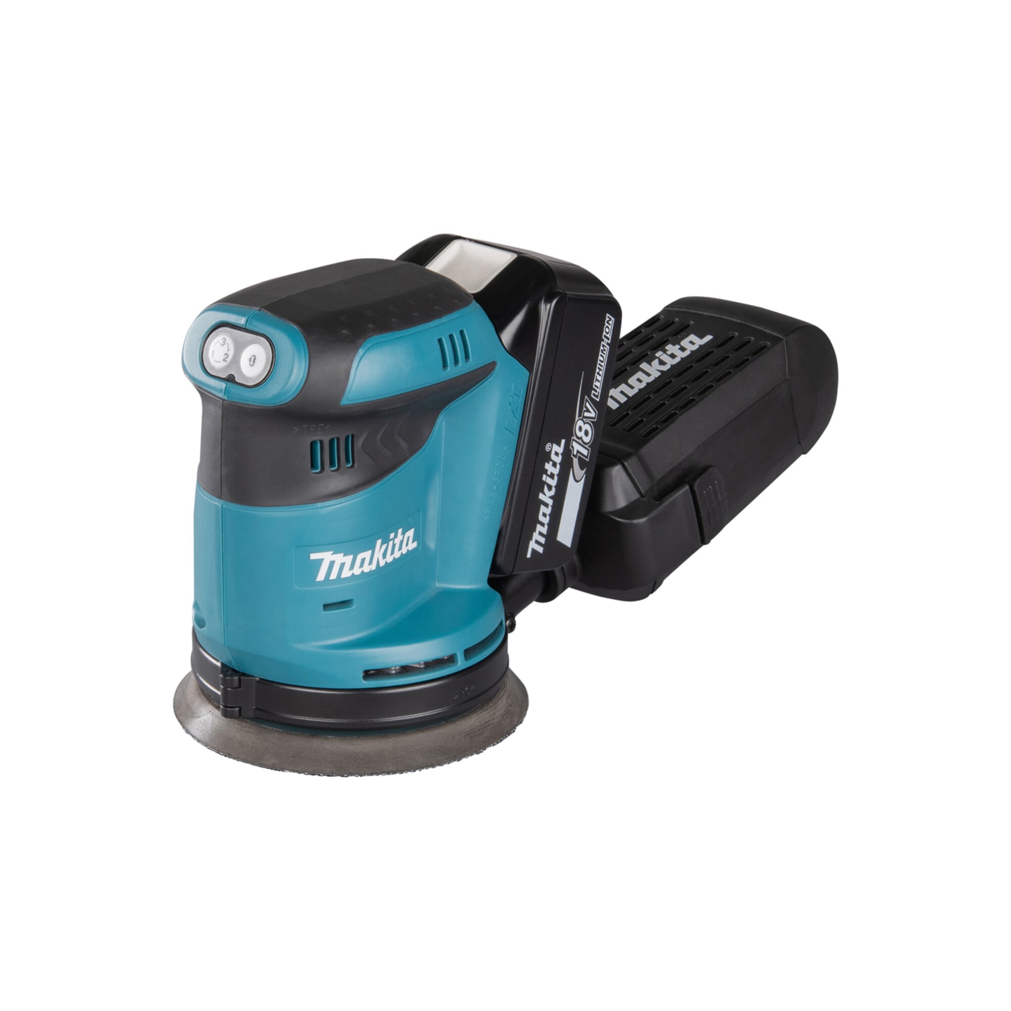 Makita DBO180RTJ Akku-Exzenterschleifer | 18 V / 5 Ah, 2 Akkus + Ladegerät im MAKPAC| für Holz, Metall und Kunststoffe| mit Drehzahlregelung und