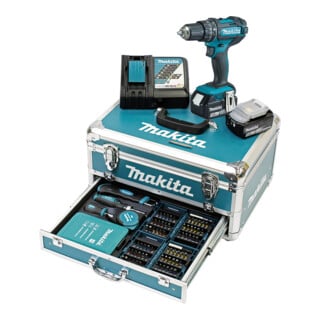 Makita Akku-Schlagbohrschrauber 18V / 3,0 Ah, 2 Akkus + Ladegerät im Alukoffer + 96-tlg. Zubehör-Set