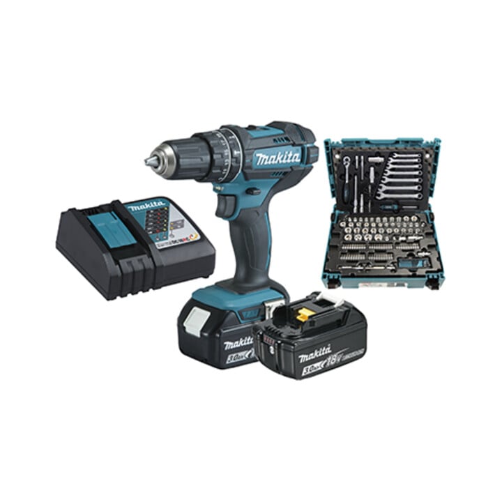 Makita Akku-Schlagbohrschrauber 18V / 3,0 Ah, 2 Akkus + Ladegerät im MAKPAC + 120-tlg. Zubehör-Set im MAKPAC
