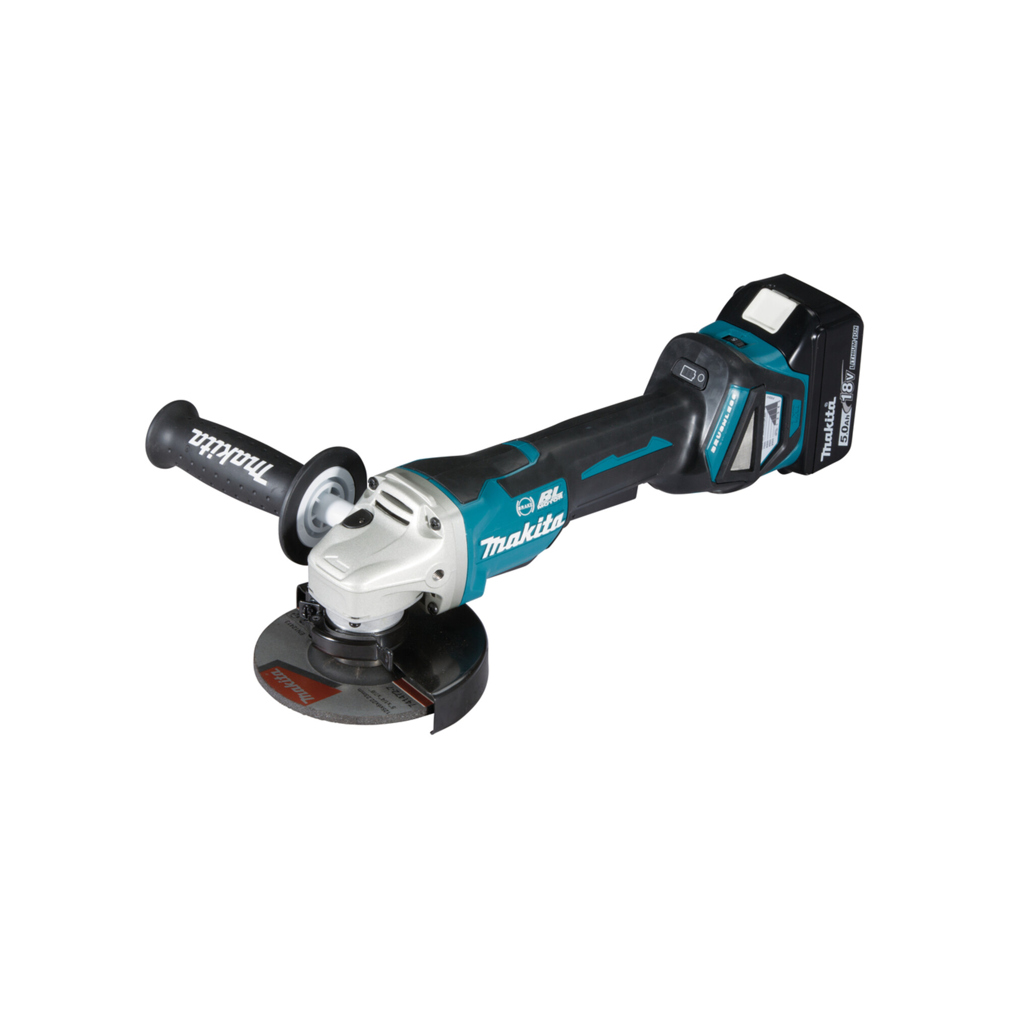 Makita DGA517RTJ Akku-Winkelschleifer 18 V 5.0 Ah mit Paddleschalter inkl. 2 Akkus und Ladegerät im MAKPAC Gr. 3