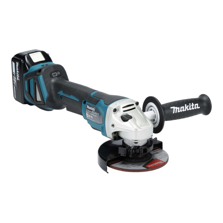 Makita Akku-Winkelschleifer DGA517RTJ, 18 V, 5,0 Ah mit Paddleschalter, 2 Akkus und Ladegerät, im MAKPAC