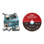 Makita Akku-Winkelschleifer DGA517RTJ, 18 V, 5,0 Ah mit Paddleschalter, 2 Akkus und Ladegerät, im MAKPAC + STIER Trennscheibe Edelstahl 125 x 1,0 x 22,23 mm, Form gerade