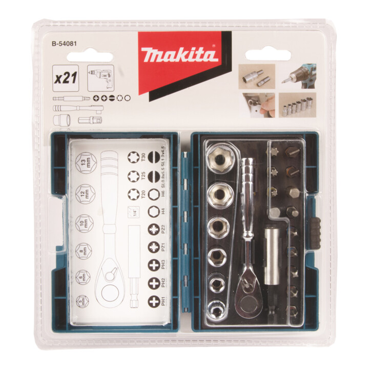 Makita Bit-Set 21 pièces avec clé à cliquet dans boîte plastique B-54081