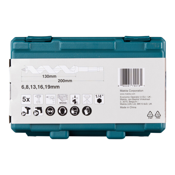 Makita Schlangenbohrer-Set 5-teilig, Länge 200 mm, 1/4"