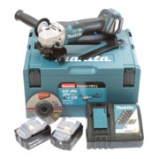 Makita Smerigliatrice angolare a batteria DGA517RTJ, 18V, 5,0 Ah con interruttore a paletta, 2 batterie e caricatore, in MAKPAC