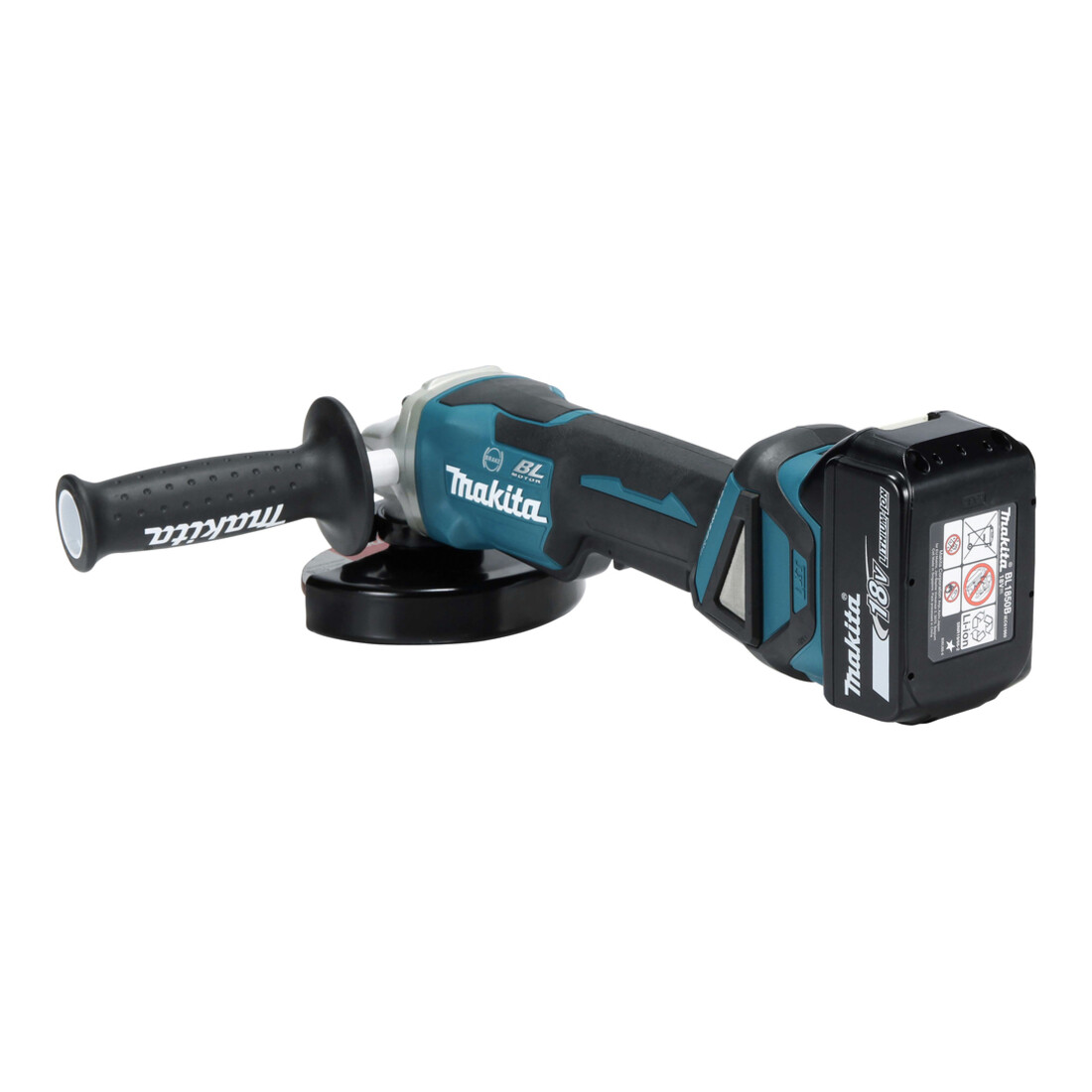 Makita Smerigliatrice angolare a batteria DGA517RTJ, 18V, 5,0 Ah con interruttore a paletta, 2 batterie e caricatore, in MAKPAC