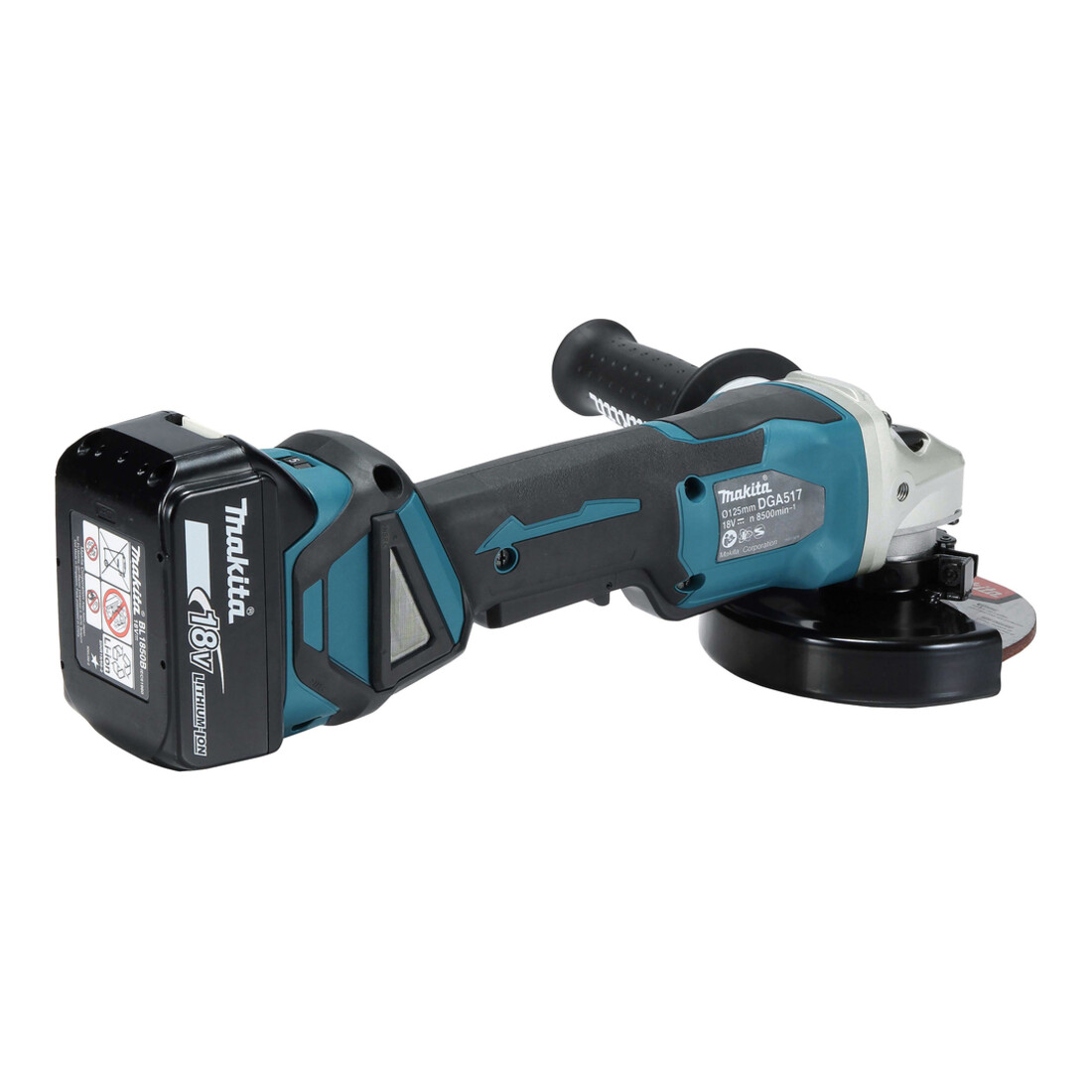 Makita snoerloze haakse slijper DGA517RTJ, 18 V, 5.0 Ah met peddelschakelaar, 2 accu en lader, in MAKPAC