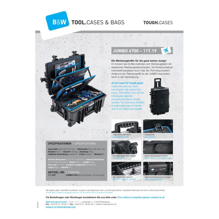 Malette à outils B&W JUMBO 6700, adapté au transport aérien et mobil