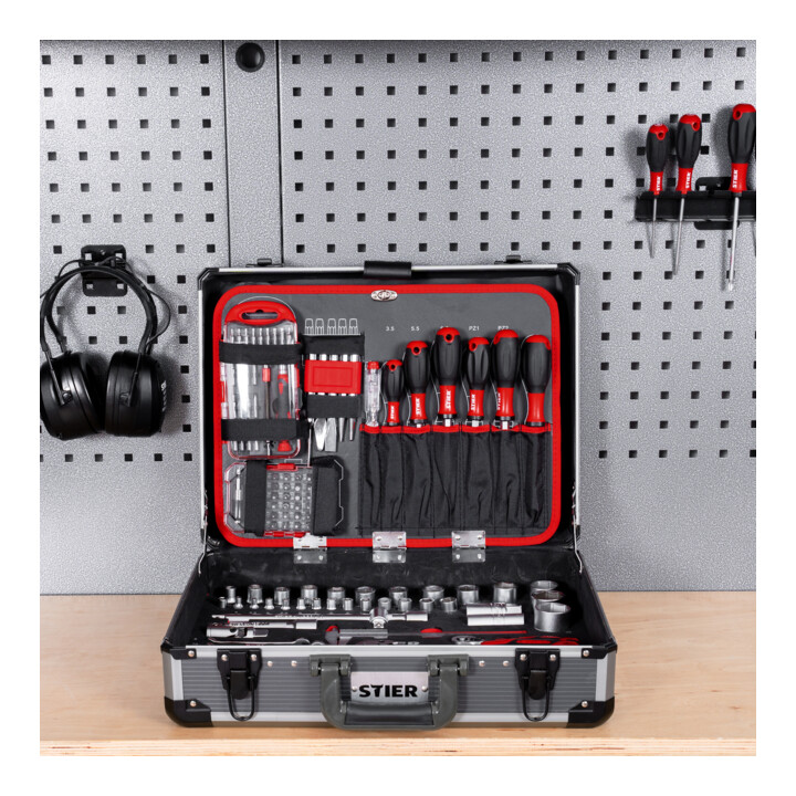 Mallette à outils STIER universelle en aluminium, 144 pièces