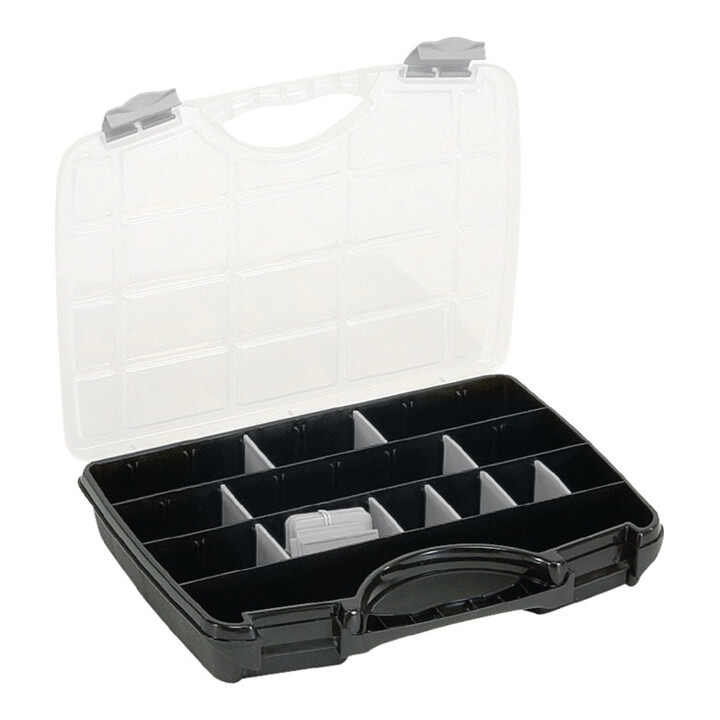 Mallette de rangement l.388xP290xH61mm max. 25 comp. 21 cloisons de sép. vrac tr