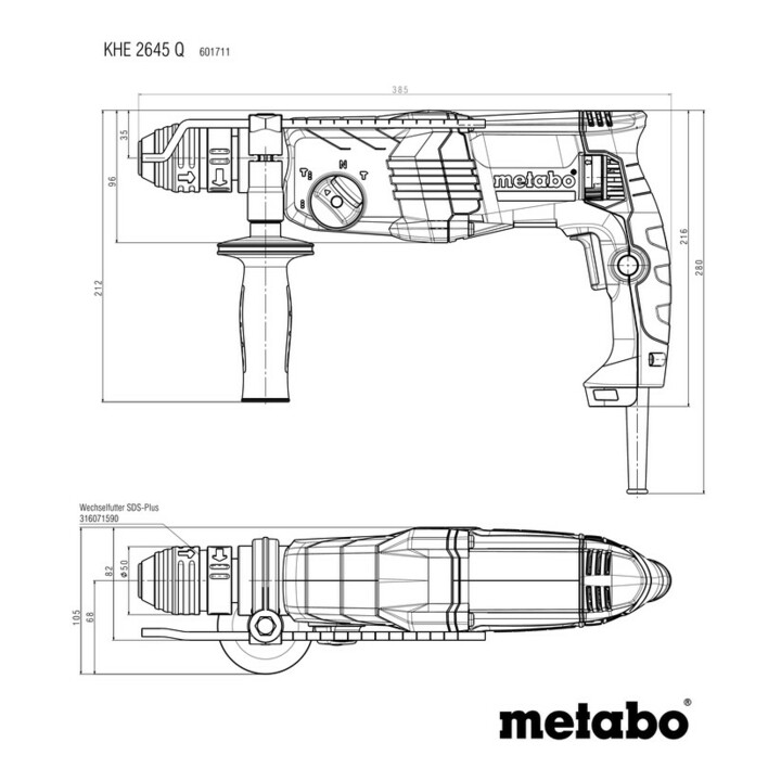 Marteau combiné Metabo KHE 2645 Qavec mandrin interchangeable Metabo Quick ; coffret plastique
