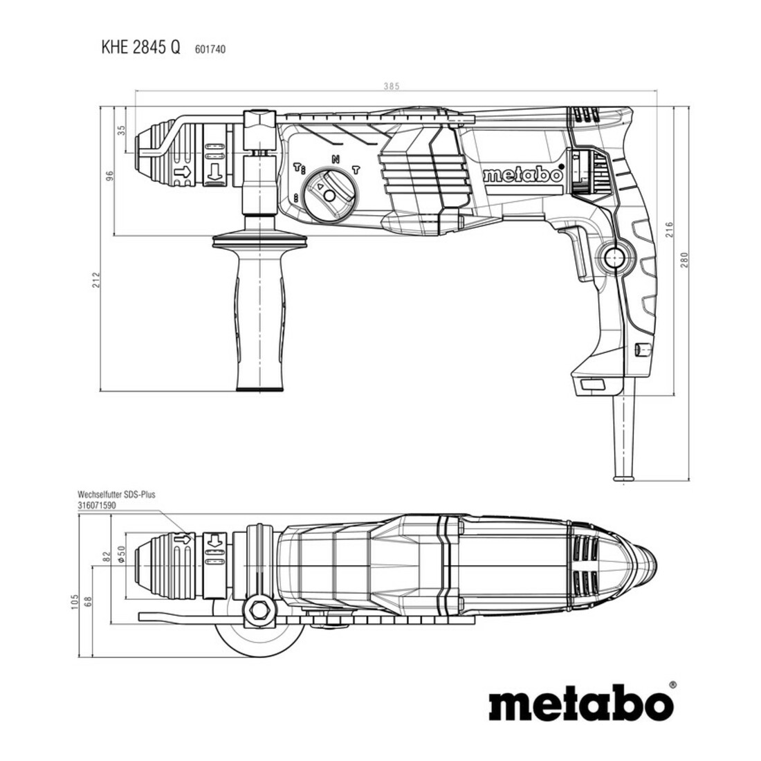 Marteau combiné Metabo KHE 2845 Q (601740500) avec mandrin interchangeable Metabo Quick ; coffret plastique