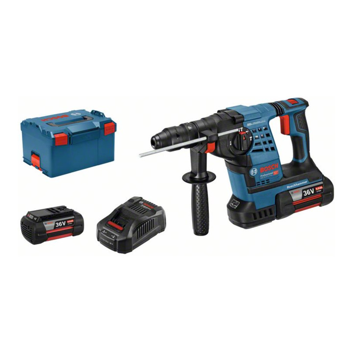 Marteau perforateur Bosch alimenté par batterie avec SDS plus GBH 36 V-LI Plus avec 2 piles Li-Ion de 4,0 Ah, L-BOXX