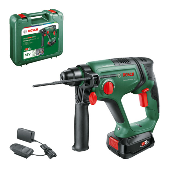 Marteau perforateur sans fil UniversalHammer 18V Bosch, 1 batterie PBA 18 V 2.5 Ah, chargeur et coffret