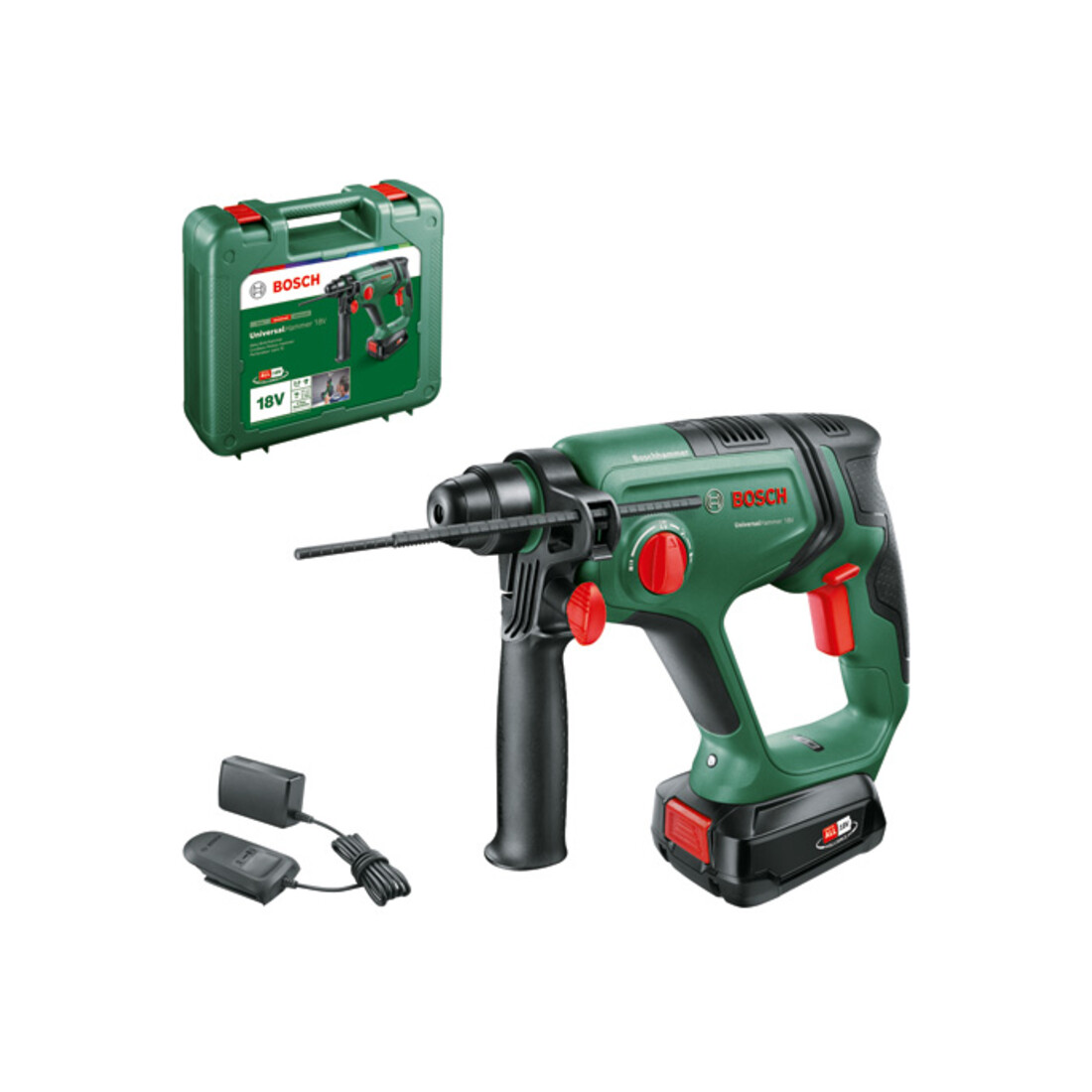 Marteau perforateur sans fil UniversalHammer 18V Bosch, 1 batterie PBA 18 V 2.5 Ah, chargeur et coffret