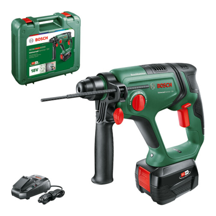 Marteau perforateur sans fil UniversalHammer 18V Bosch, 1 batterie PBA 18V 4.0 Ah, chargeur et coffret