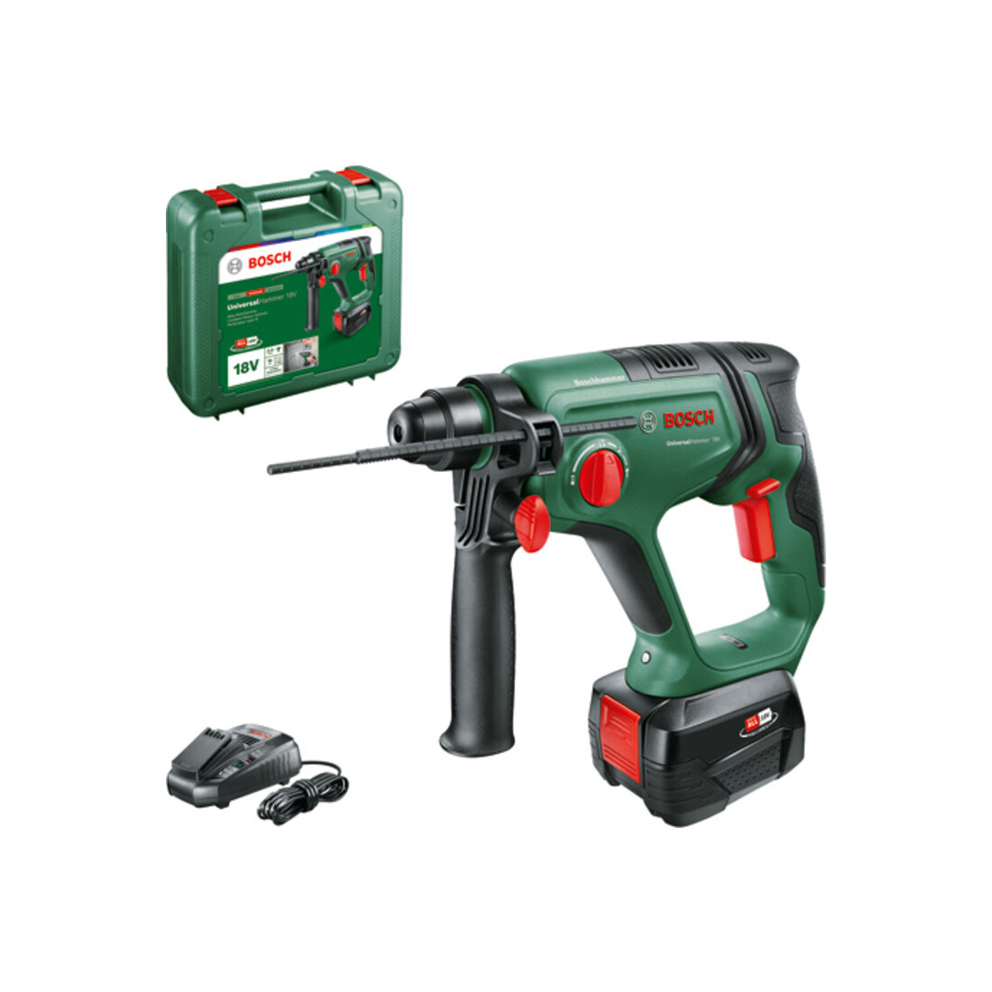 Marteau perforateur sans fil UniversalHammer 18V Bosch, 1 batterie PBA 18V 4.0 Ah, chargeur et coffret